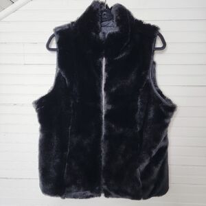 Quilted Faux Fur Reversible Black Zip Front Plush Vest Large